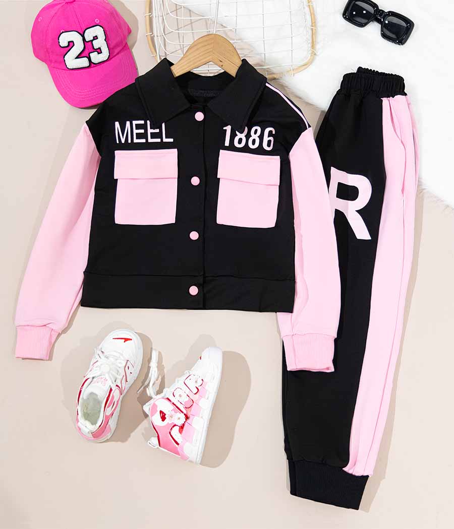 Group 3-1 Ensemble de jogging noir et rose pour fillettes – Image 1