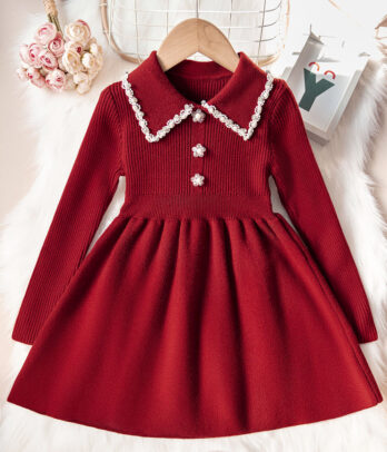 Robe rouge à manches longues mi-longue pour petites filles