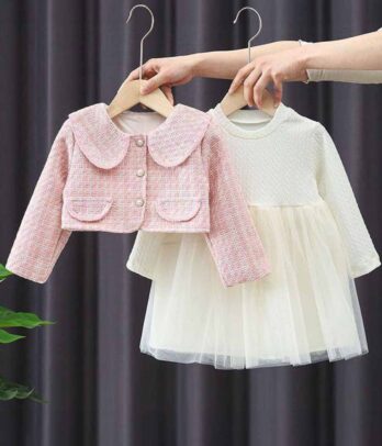 Ensemble de robe tutu blanche et veste à carreaux en tweed rose