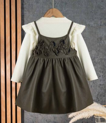 Ensemble de robe verte et pull blanc à manches longues pour fillettes