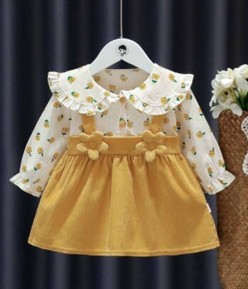 Robe jaune fleurie à col Claudine avec effet chemise