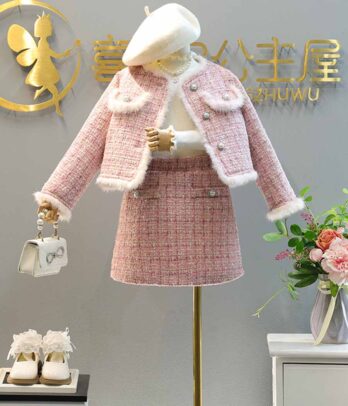 Costume de veste et jupe matelassées en tweed pour filles