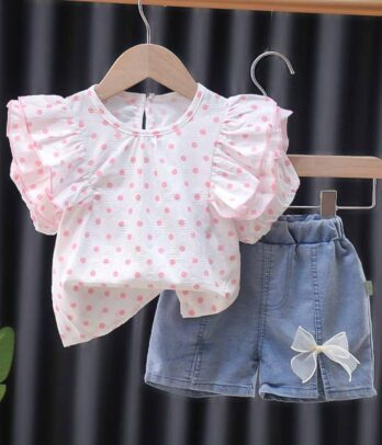 Ensemble pour fillettes de haut à petits pois roses et short en jean