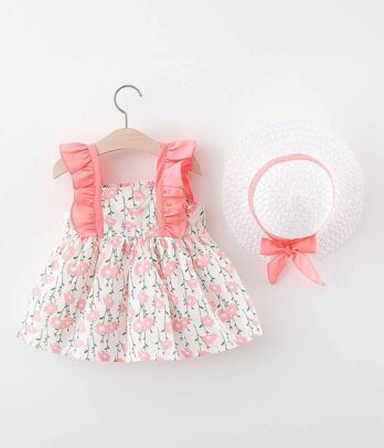 Robe rose fleurie avec chapeau pour bébés filles