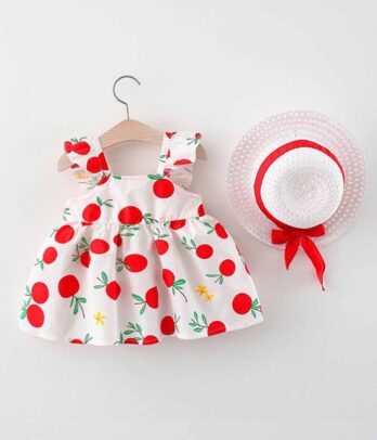 Robe mignonne à motifs rouges avec chapeau pour bébés filles