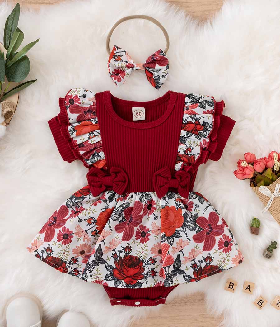 56186-014 Ensemble de barboteuse rouge avec bandeau de tête pour bébé filles – Image 1
