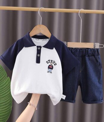 Ensemble de Bermuda en jean et T-shirt bleu-blanc à col classique