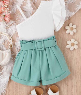 Ensemble de haut asymétrique et short vert d'eau pour fille