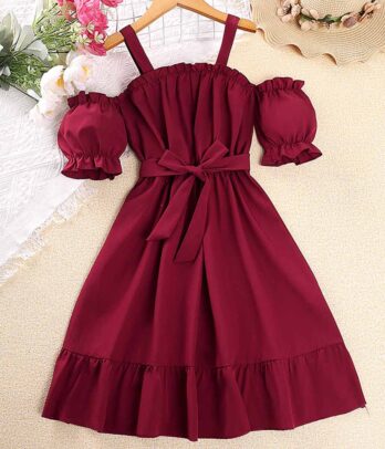 Robe bordeaux mi-longue pour fillettes