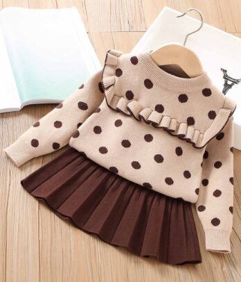 Ensemble de jupe et pull beige à pois marron