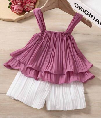 Ensemble de short blanc et haut mauve plissés pour fillettes