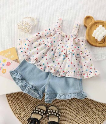 Ensemble de short en jean et haut à petits pois colorés