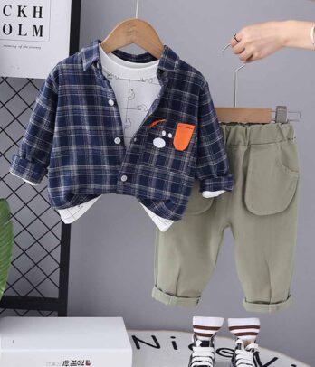 Ensemble pour garçons composé d'un pull chemise à carreaux et pantalon vert