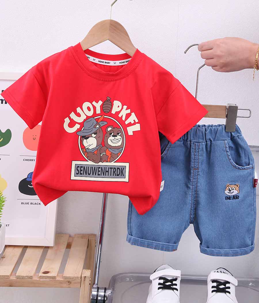 47669-01 Ensemble de short en jean et t-shirt rouge imprimé – Image 1