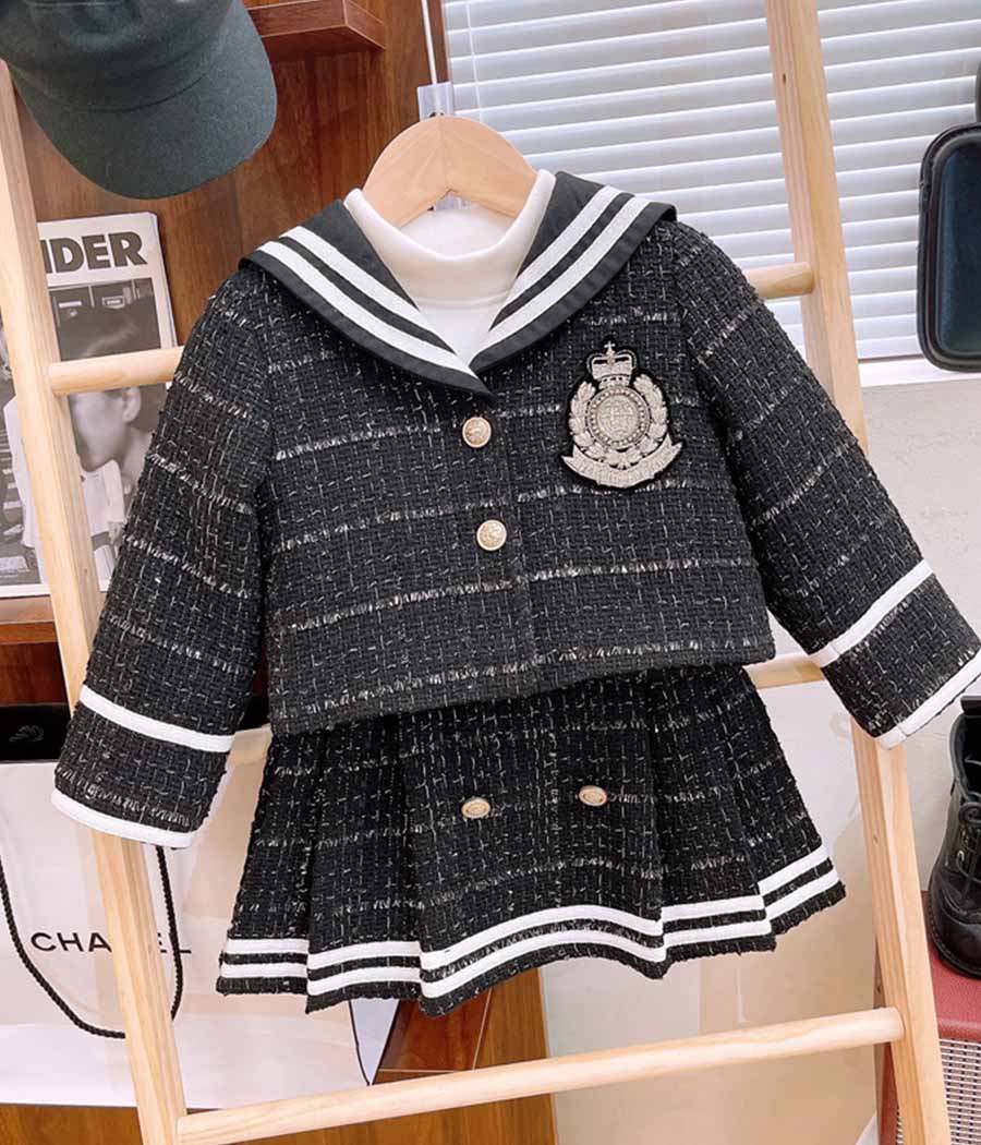 61637-015 Ensemble de deux pièces collégial pour filles composé de jupe et blouson en tweed – Image 1