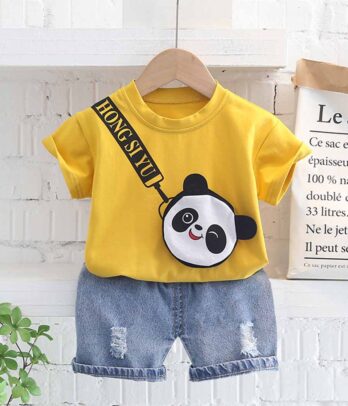 Ensemble "Little panda" de jean et t-shirt jaune avec poche
