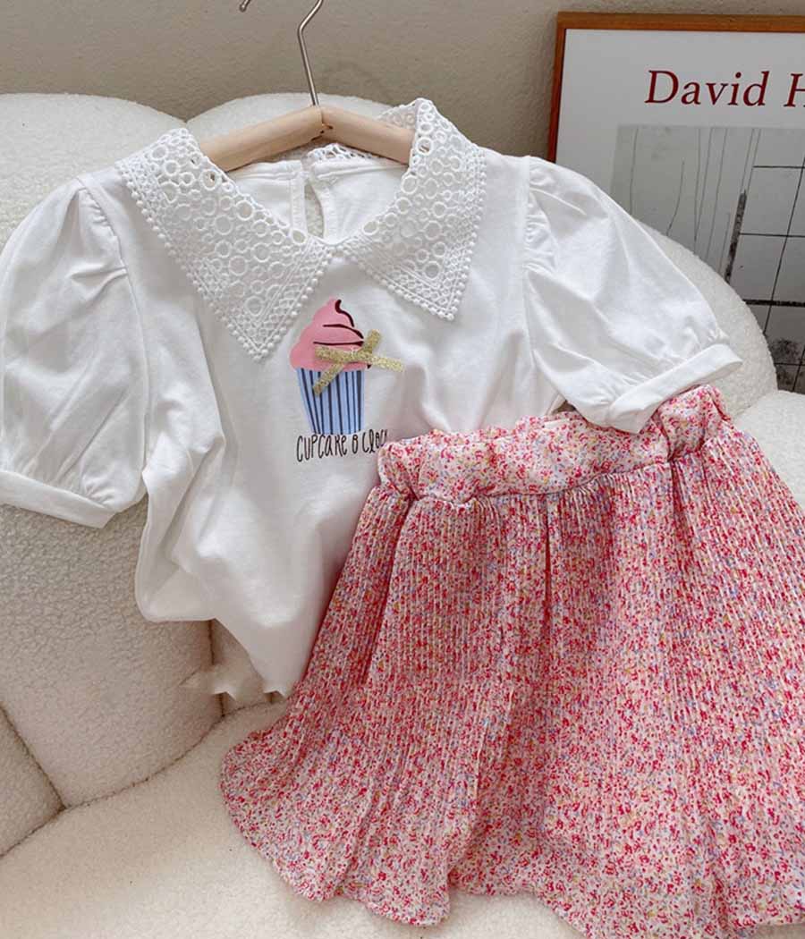 73712-01-3 Ensemble de jupe florale plissée et chemise blanche à col en dentelle – Image 1