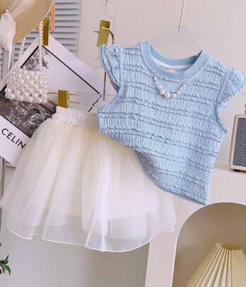 Ensemble de jupe en tulle blanche et haut bleu ciel sans manches pour filles