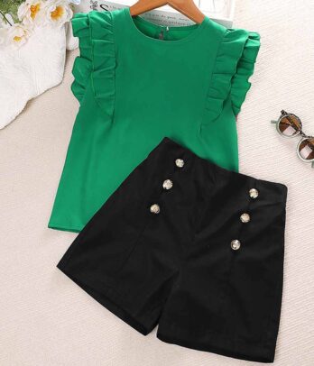 Ensemble de short classique noir et haut vert pour fillettes