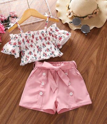 Ensemble de bas court de couleur rose et haut floral pour fillettes