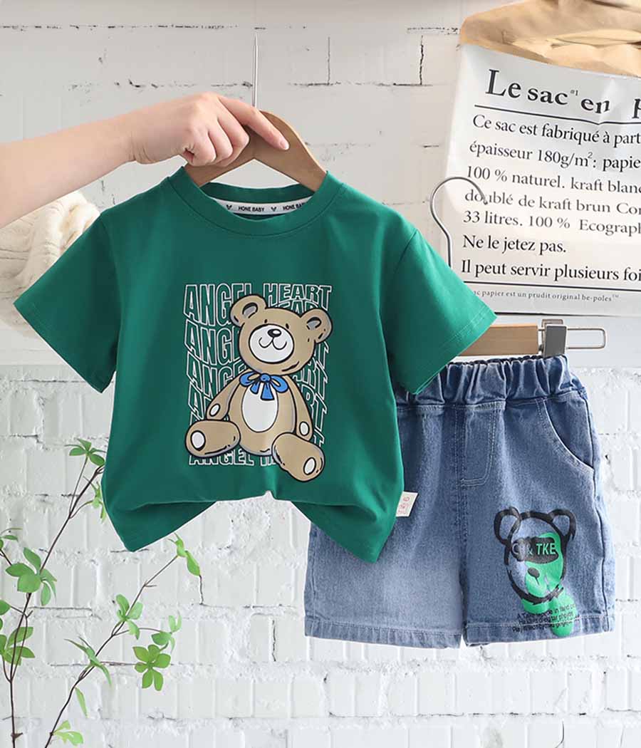 Group 1 Ensemble de short en jean et haut vert a petit doudou – Image 1