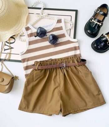 Ensemble de short marron et haut à rayures pour filles