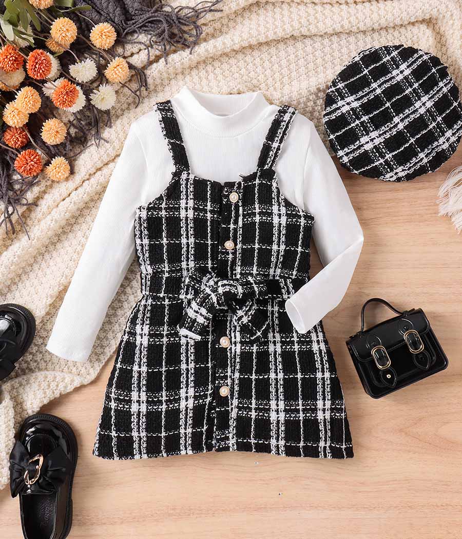 16786-010 Ensemble de robe noire pull blanc et béret pour filles – Image 1