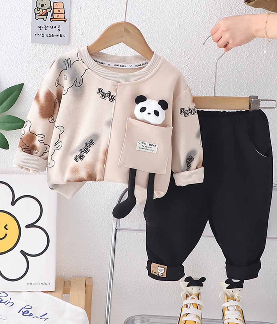 78494-014 Combinaison de pull beige fun et pantalon noir pour garçons – Image 1