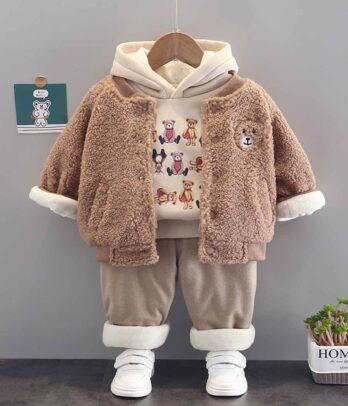 Ensemble hivernal de veste en laine marron composé de 3 pièces