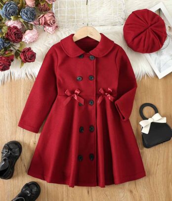 Manteau mi-long à double boutonnage en laine de couleur rouge