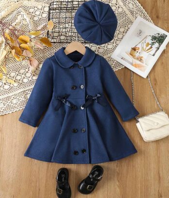 Manteau mi-long à double boutonnage en laine de couleur bleue