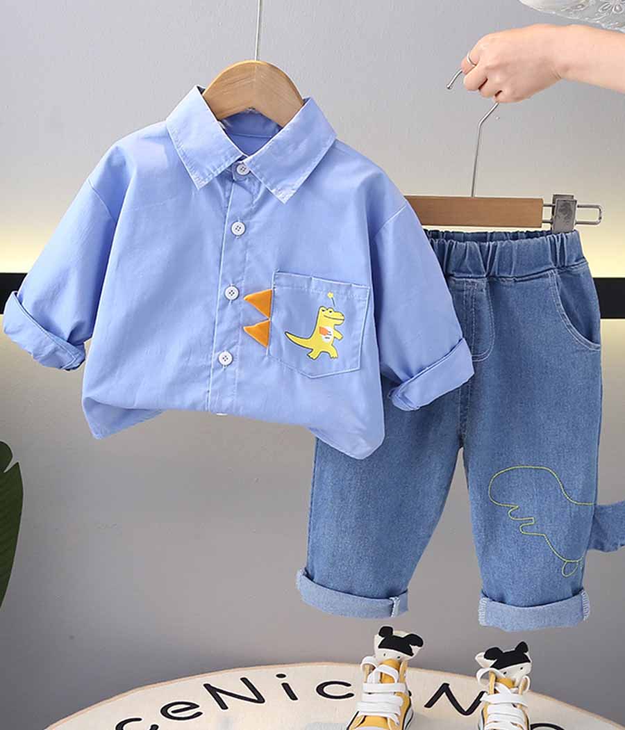 54481-016 Ensemble dinosaure de pantalon en jean et chemise classique de couleur bleu – Image 1