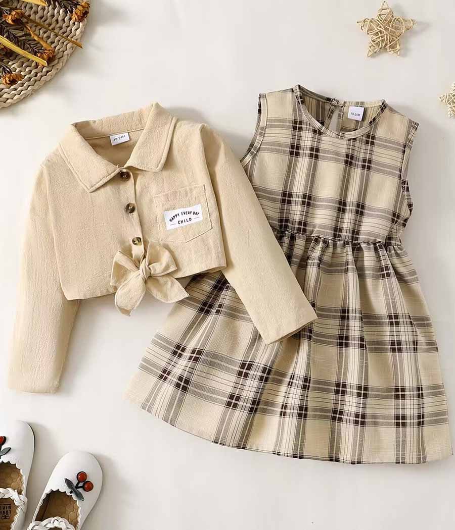 86264-010 Set de robe à carreaux et veste courte à col classique – Image 1