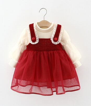 Robe rouge avec effet pull beige pour fillettes