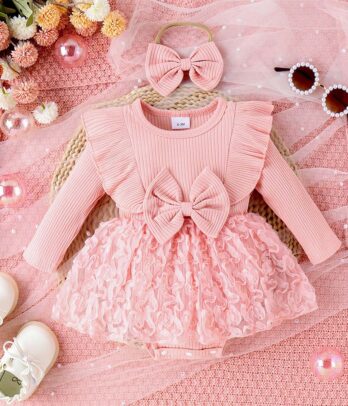 Barboteuse rose avec bandeau de tête a nœud papillon