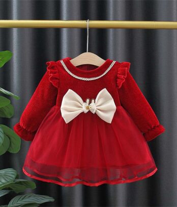 Robe rouge coquette à nœud papillon beige pour filles