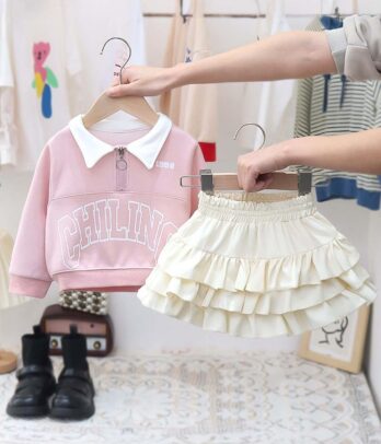 Set de jupe fluffy et sweat style colégienne rose
