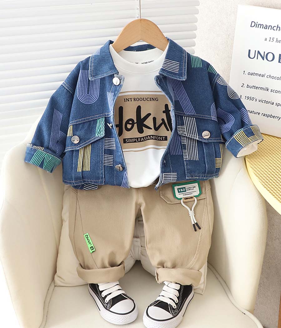 O1CN01GS8wah2Cnkwkfzg6E_!!2207581738519-0-cib Set de troix pièce de veste en jean bleu à motifs et pantalon beige – Image 1