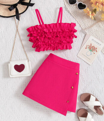 Set glamour fuchsia – Crop à volants et jupe portefeuille courte
