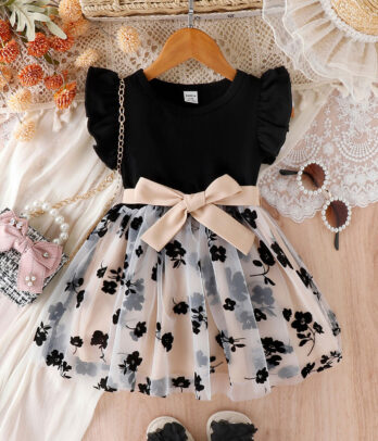 Robe bicolore de haut noir et bas nude à fleurs