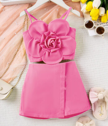 Set romantique rose – Crop à fleurs et jupe portefeuille assortie