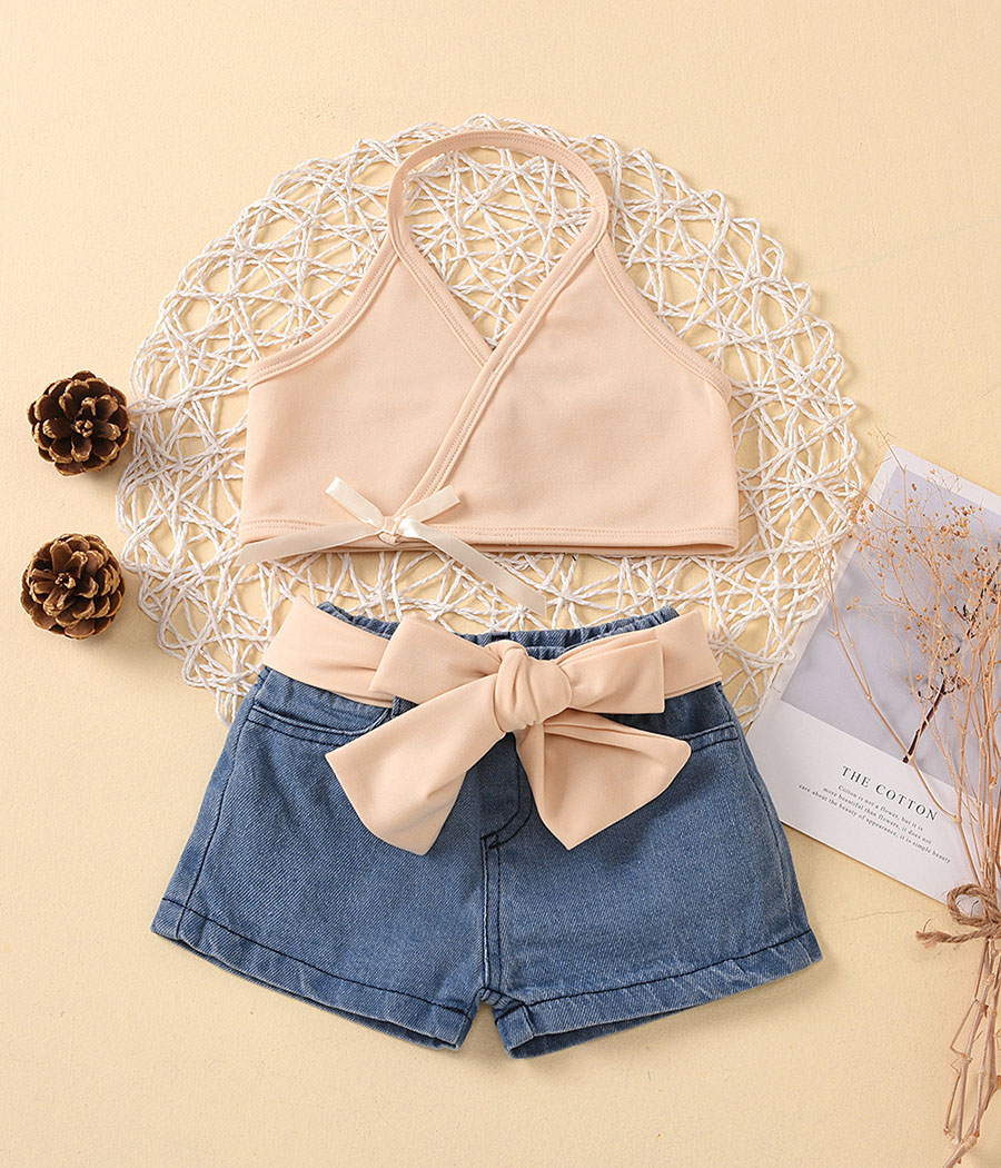 19325715927_1664370499 Ensemble de short en jean, crop top dos nu beige et ceinture à nouer – Image 1