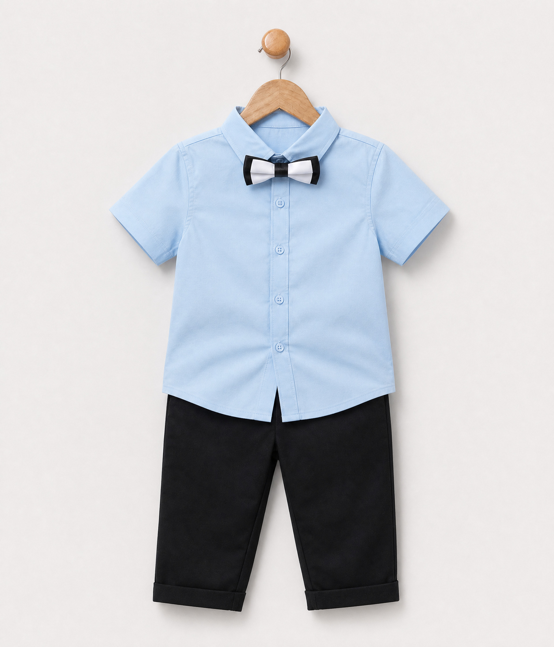 38579 Ensemble de pantalon en toile noir et chemise bleu clair classique – Image 1