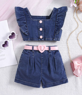 Ensemble en jean de crop à volants et short avec ceinture rose