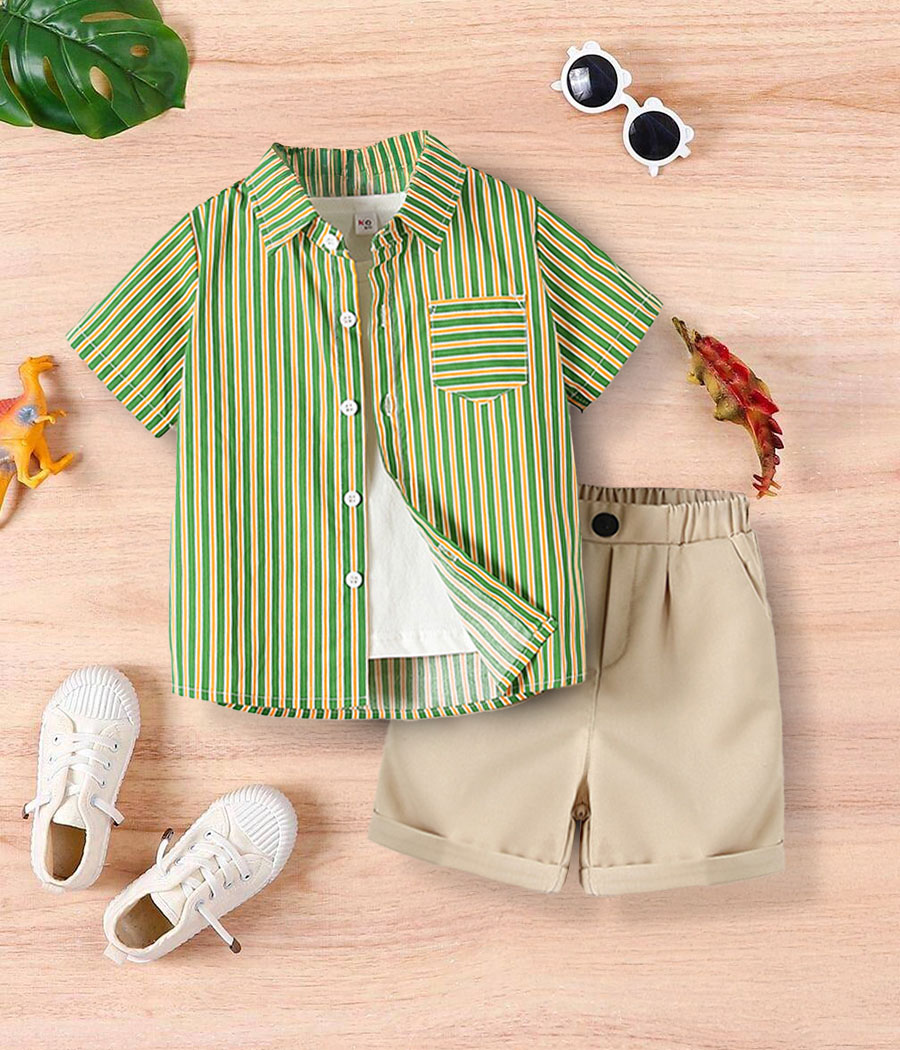 Group 35 Ensemble de chemise verte à rayures et short en toile beige – Image 1