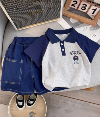 Ensemble bermuda en coton bleu et polo bicolore pour garçons