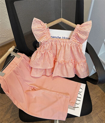 Ensemble de pantalon et blouse saumon volantée en tissu style Vichy