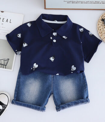 T-shirt style polo bleu marine à nounours & short en jean