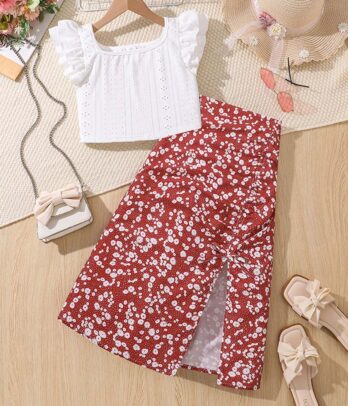 Ensemble de jupe mi-longue avec fente et crop top blanc style bohème
