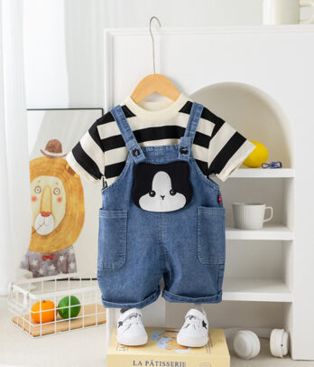 Ensemble de salopette en jean 'Chaton oréo" avec T-shirt à rayures